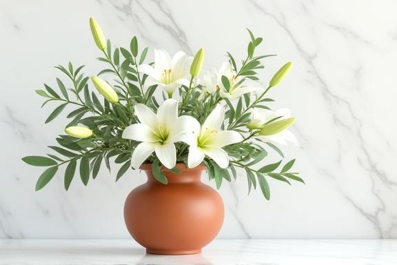 Classical Greek floral arrangement with laurel and white marble backdrop